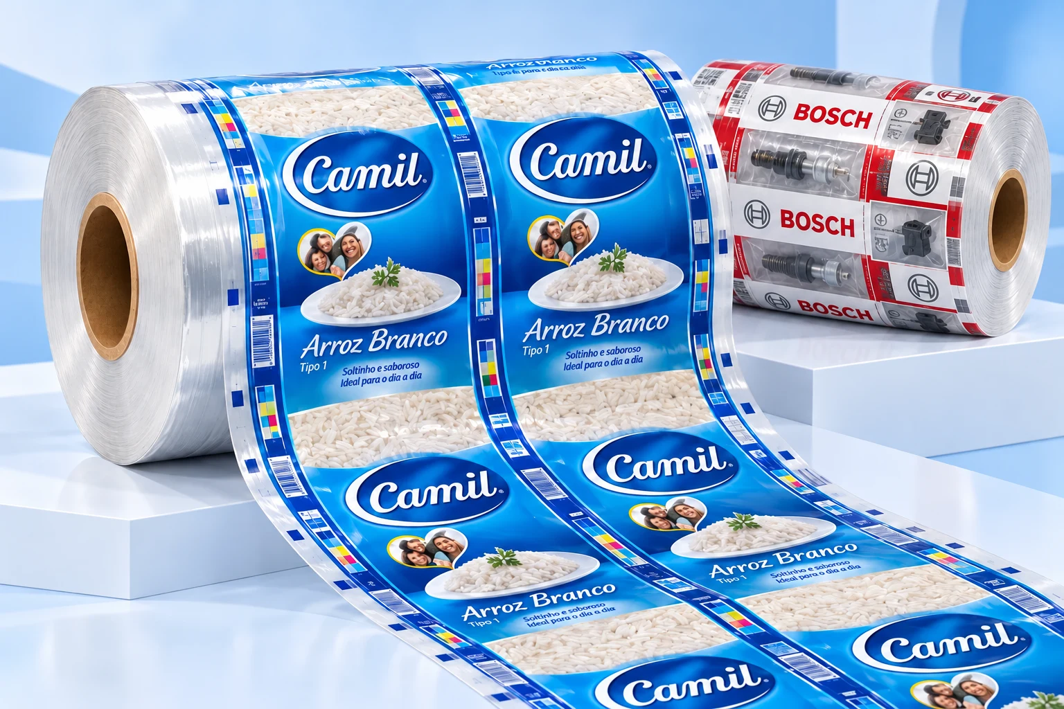 Filme para alimentos — mockup de bobinas impressas Camil e Bosch