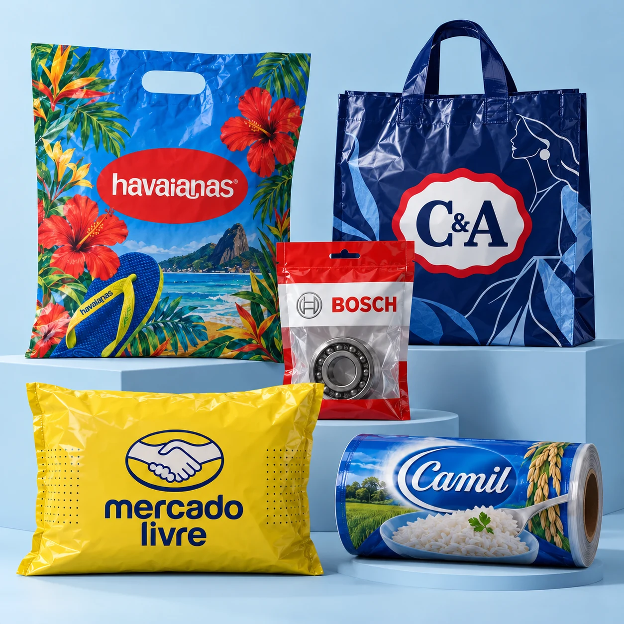 Referência visual da linha selecionada — mockup de Havaianas, C&A, Bosch, Mercado Livre e Camil