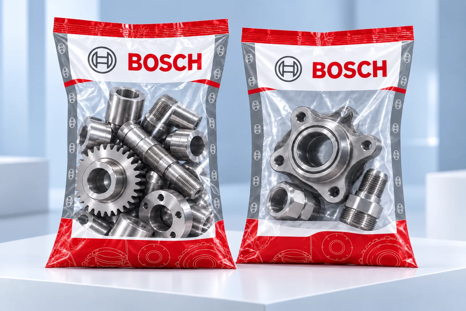 Peças e componentes — mockup Bosch, embalagens transparentes impressas para peças