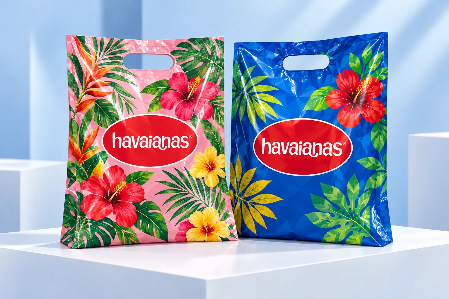 Boca vazada — mockup Havaianas, sacolas boca vazada estampadas