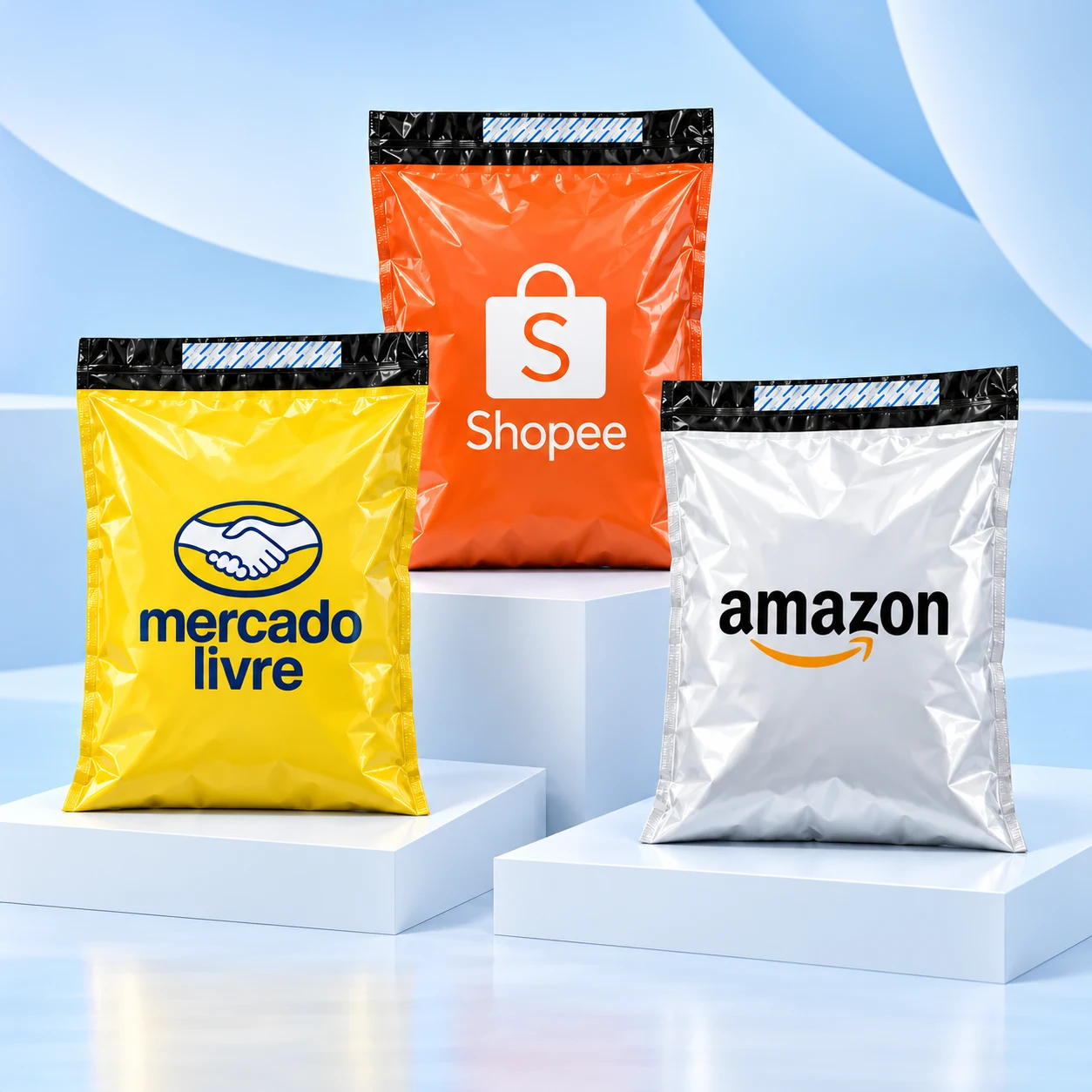 Envelopes de segurança — referências de aplicações — mockup Mercado Livre, Shopee e Amazon, envelopes impressos