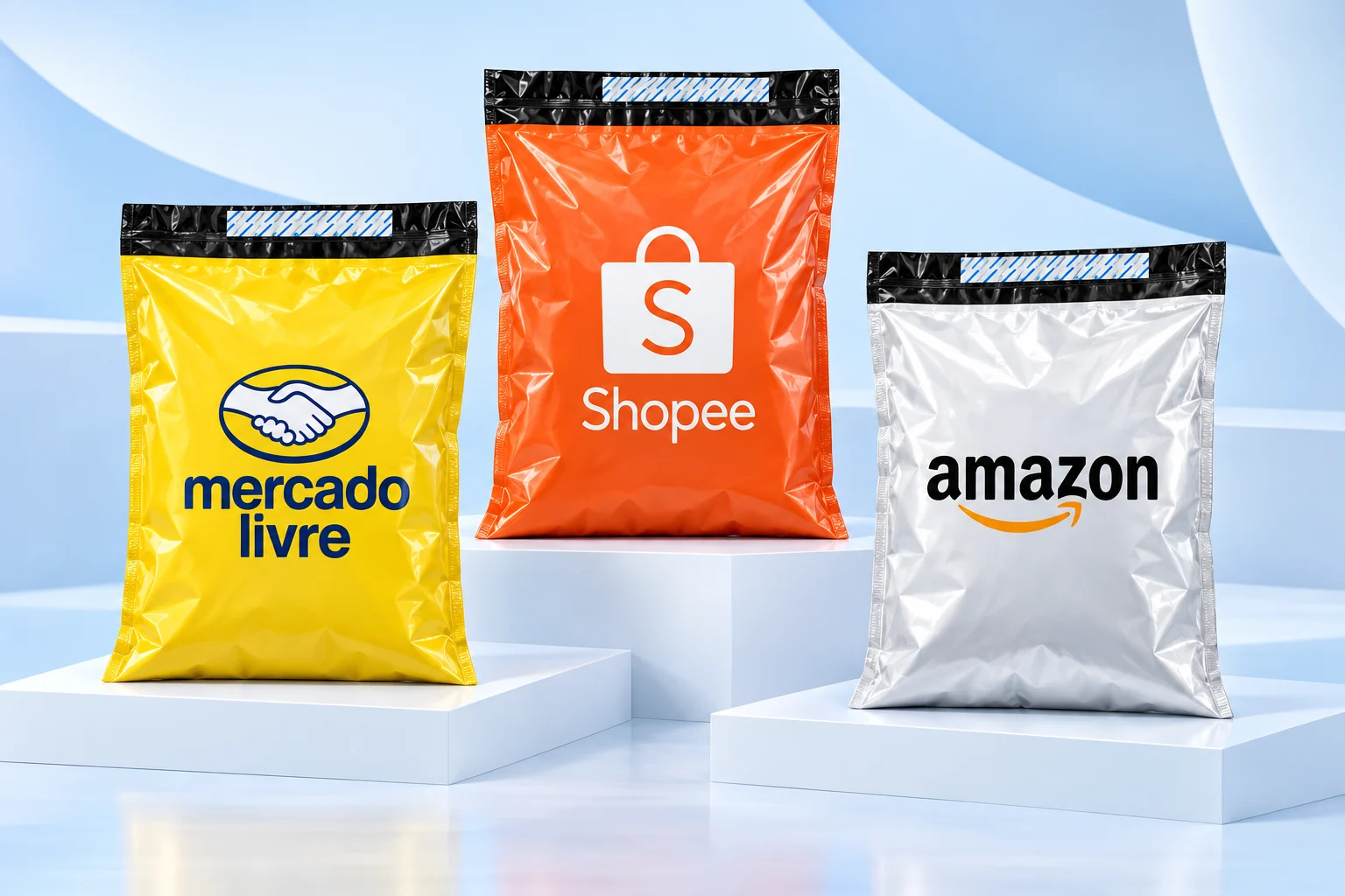 E-commerce e marketplaces — mockup Mercado Livre, Shopee e Amazon, envelopes impressos