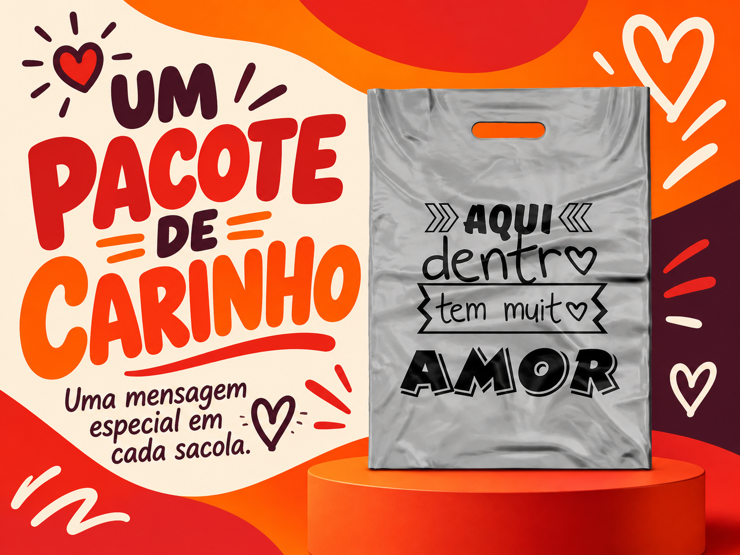 Um pacote de carinho. Sacola prata boca vazada com estampa de amor.