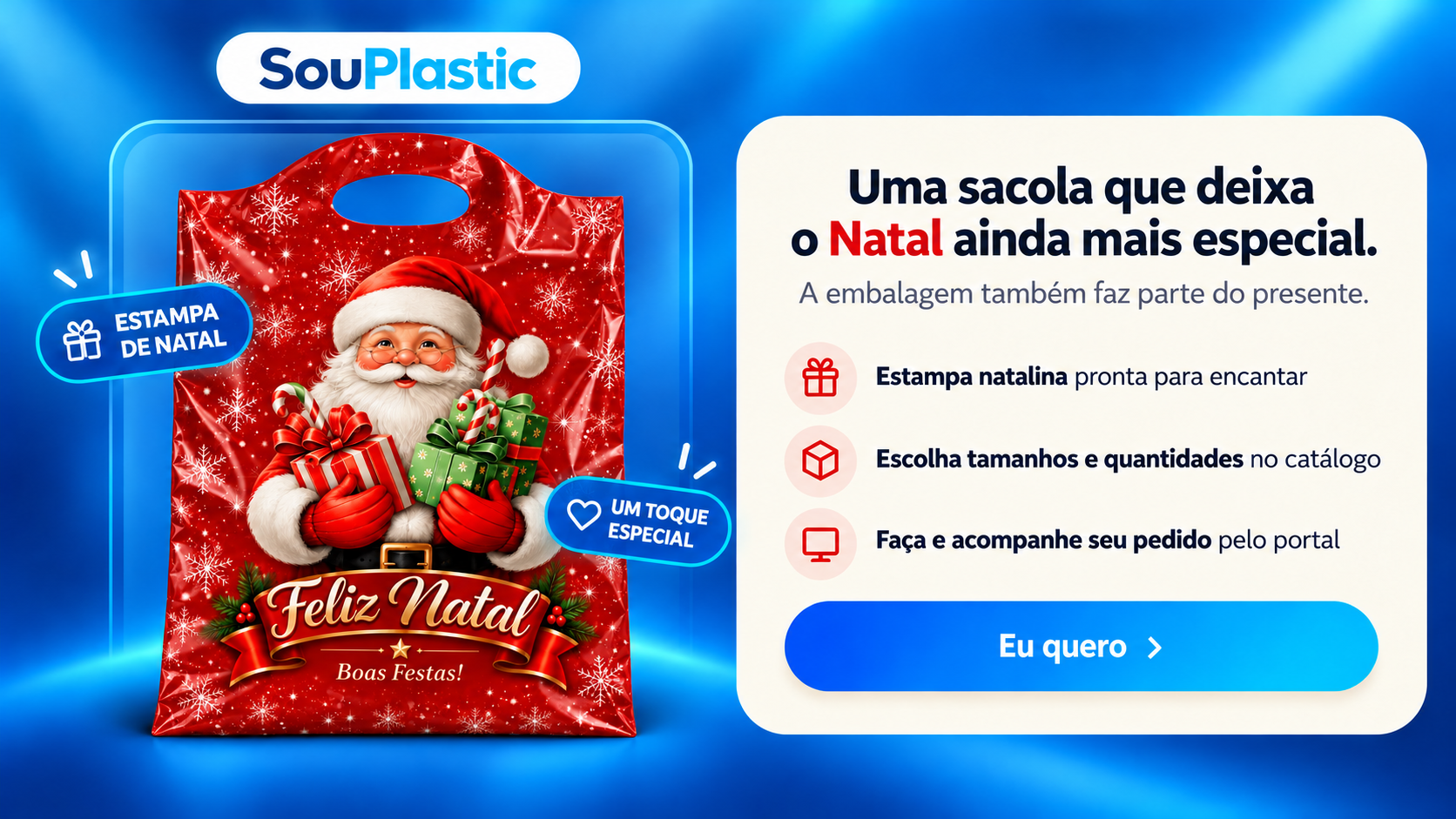 Sacola vermelha de Natal com Papai Noel, flocos de neve e a mensagem Feliz Natal e Boas Festas.